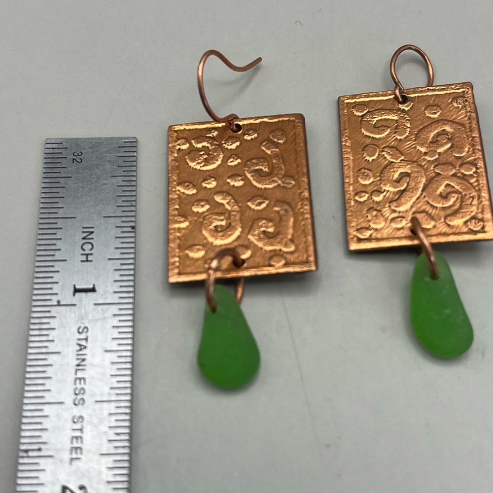 Elegant Copper and Green Seaglass Dangle Earrings - Picture 2 of 2